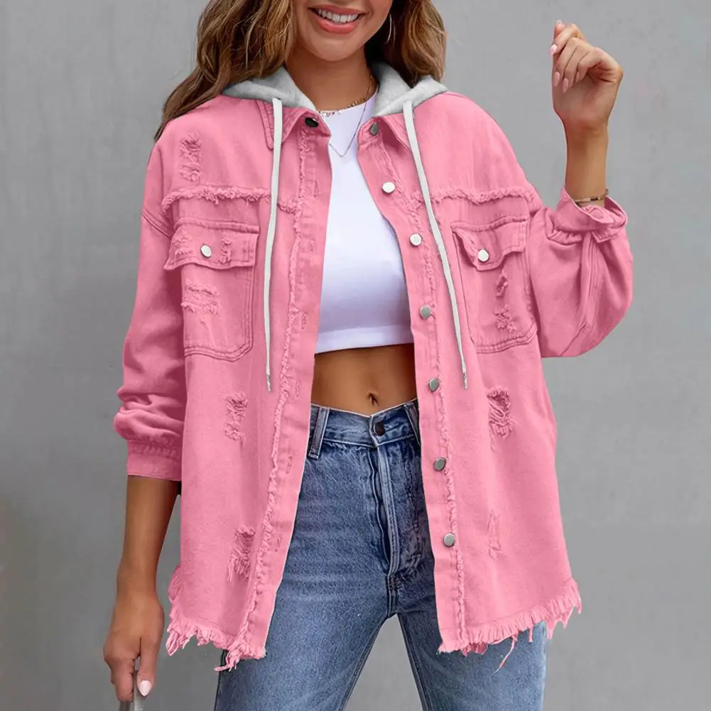 เสื้อแจ็คเก็ตยีนส์ผู้หญิง เสื้อแจ็คเก็ตยีนส์ทรงโอเวอร์ไซส์แบบมีฮู้ด แขนยาว แต่งขาด กระดุมผ่าหน้า สำหรับฤดูใบไม้ร่วงและฤดูใบไม้ผลิ