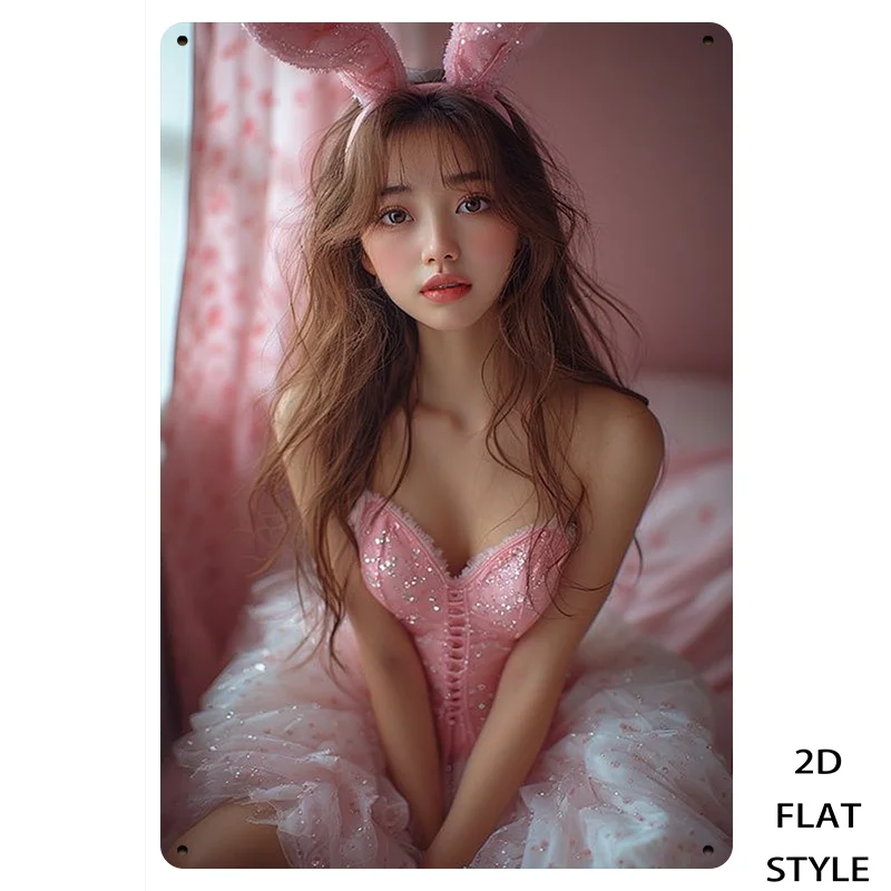 

Pink Bunny Girl Retro Metal Tin Sign 8x12 Inch, Vintage Theme Wall Art for Bedroom Living Room - Cute Ins Style Decor 2D Flat