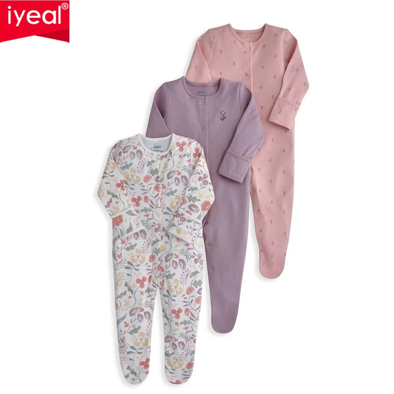 IYEAL Baby Footed Sleepers Set, Safari Animal Print Long Sleeve Button Infant Footie Jumpsuit, Soft Newborn Sleep Pajamas 3Pcs