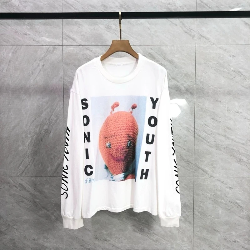 Wasteland Style Doll Printing Tee Hand-painted Spray Dirty Washing Water Kanye West Tops Long Sleeve T-shirt for Men Clothing