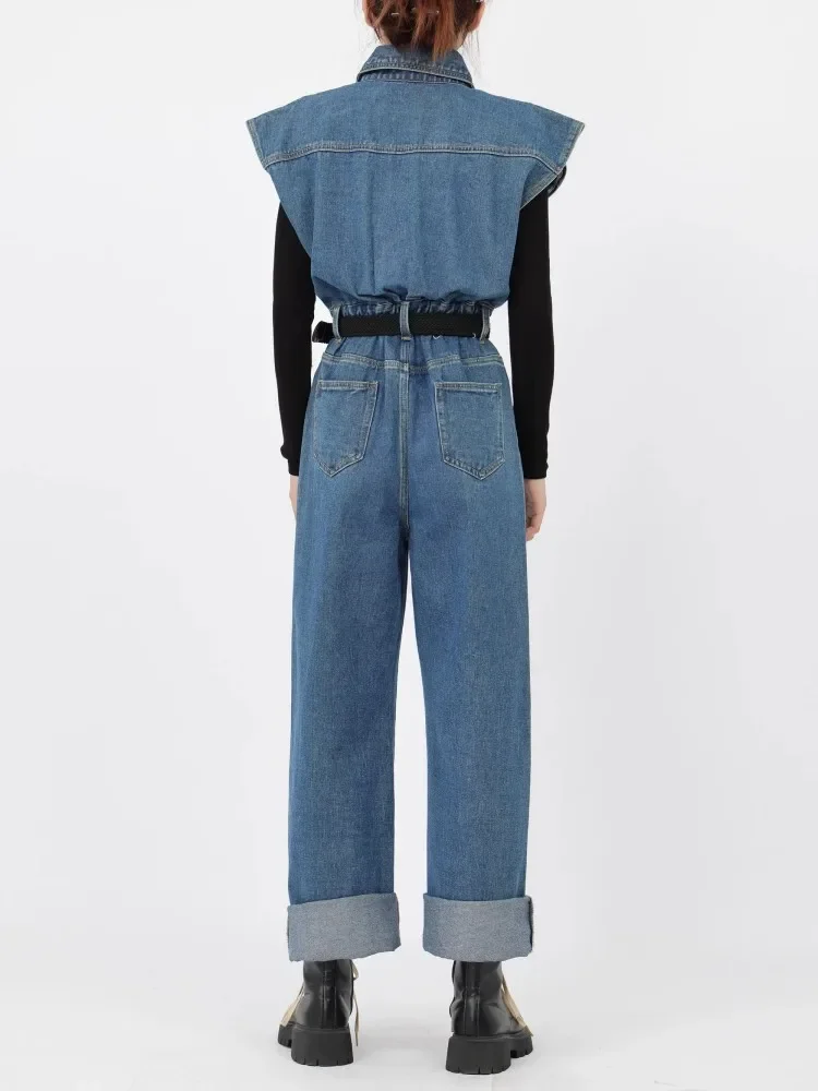 American Retro Denim Jumpsuit Women'S Spring And Autumn High-End Sense Flip Collar Workwear Wide Leg Pants