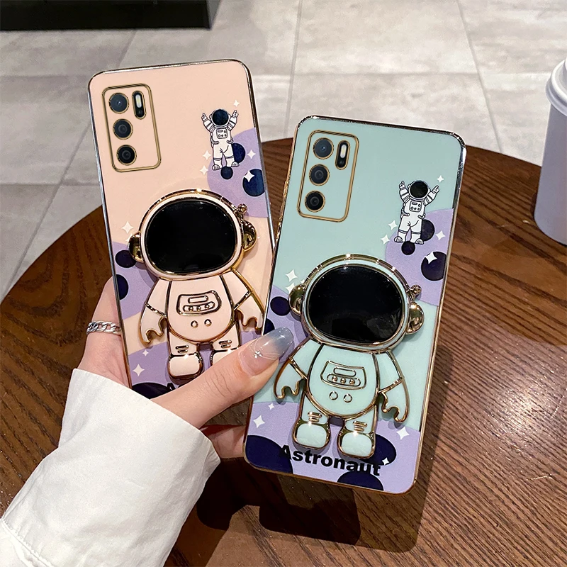 A 54S Cute Astronaut Plating Phone Holder Case For Oppo A15 A33 A54 A72 A76 A53 A3Pro A2M A55 A57 A58 A83 A78 A79 A60 A94 Cover