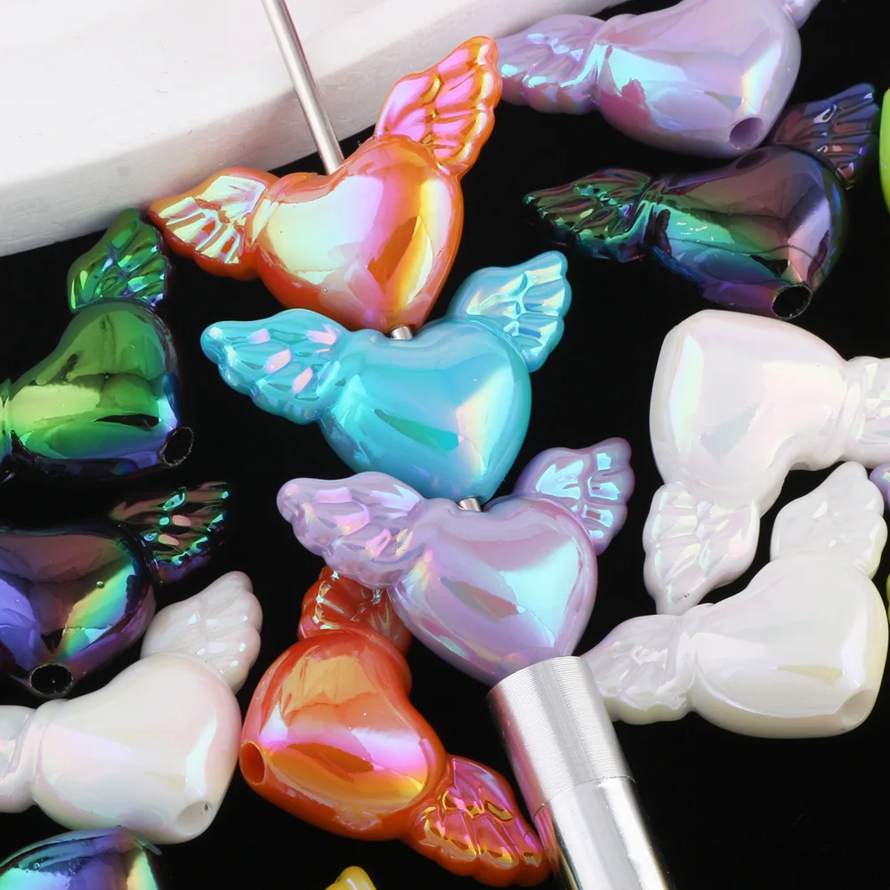 

Newest AB Colors Acrylic Angel Wings Love Heart Shape Ornament Accessories Acrylic Beads Fit Bracelet Necklace 100pcs 30*18*10mm