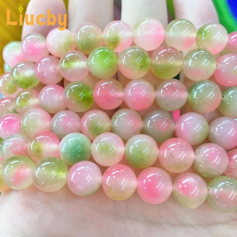 Peach Jade Marrow Chalcedony Natural stone pink green beads for Jewelry Making DIY Bracelets Accessories 15\