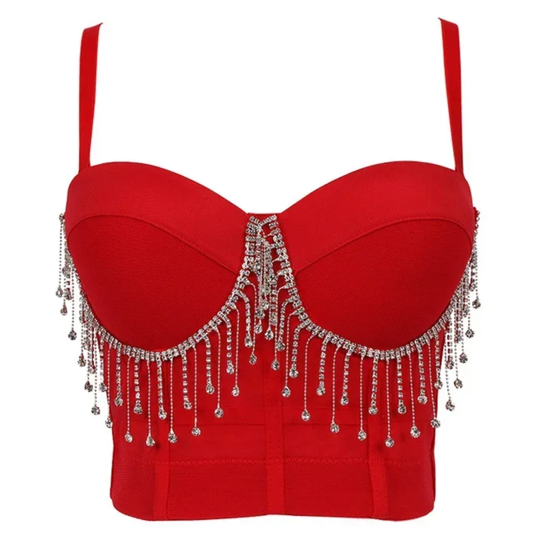 Women's Belly Dance Costume Top, Mesh Spaghetti Strap Bustier Bra, Tassel Chain Push Up Shaper Solid Color Short Cropped Top