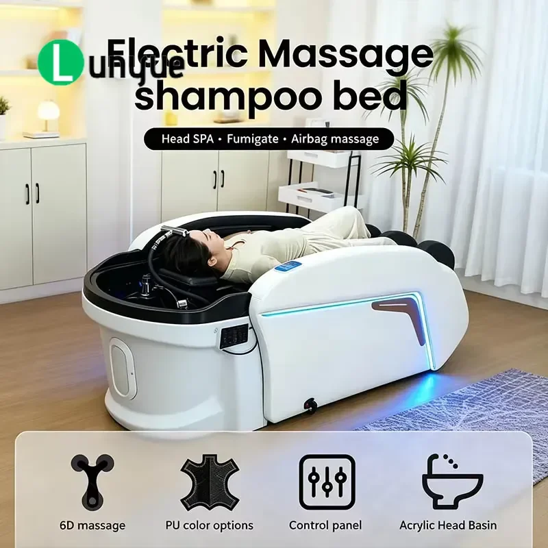 Electric Reclining Shampoo Chair with Waterfall Massage for Spa Head Care Beauty Equipment Comfortable Wash Basin Bed