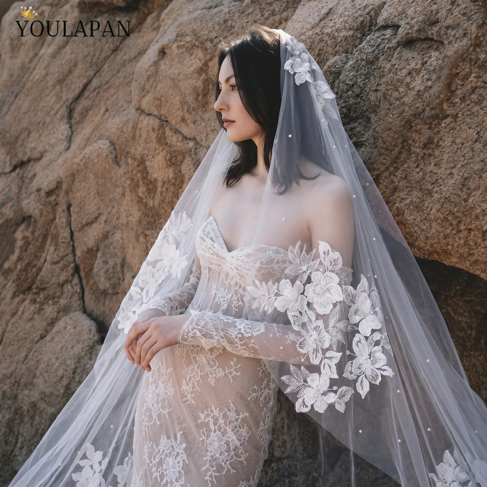 TOPQUEEN Mantilla De Novia Velo Embroidered Lace Veil Velo De Novias Catedral Acessorio Noiva Customizable V360