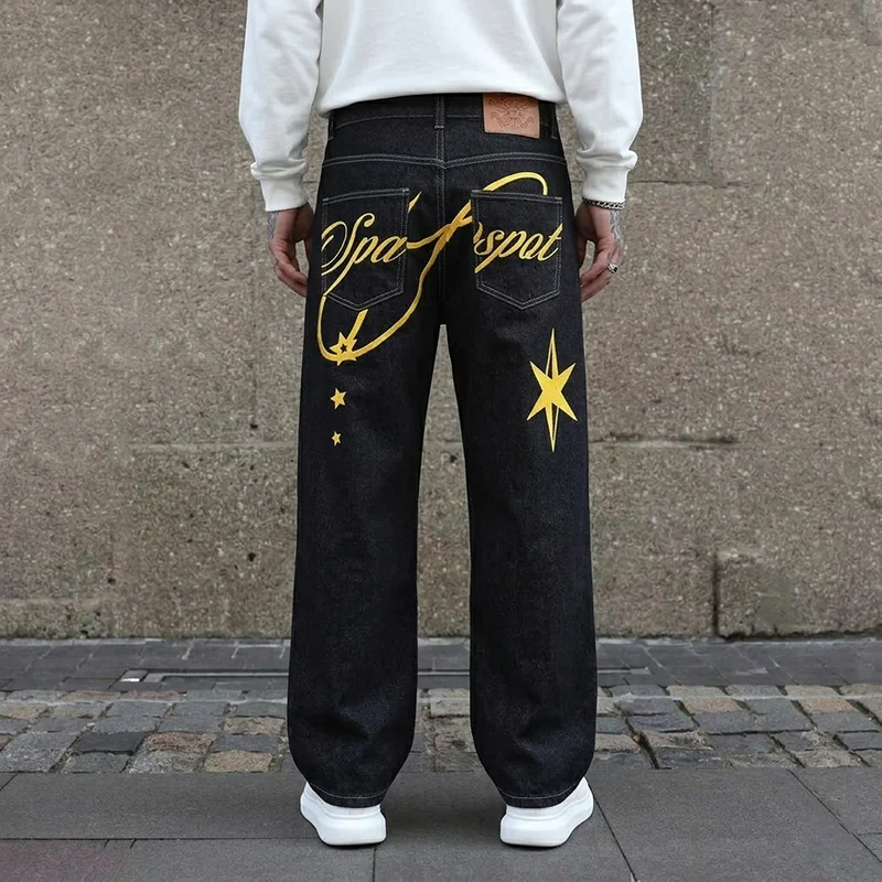 Men's Trendy Letter Print Jeans American Hip-Hop Style High Street Straight-Leg Streetwear Pants Y2K Vintage Washed Baggy Jeans