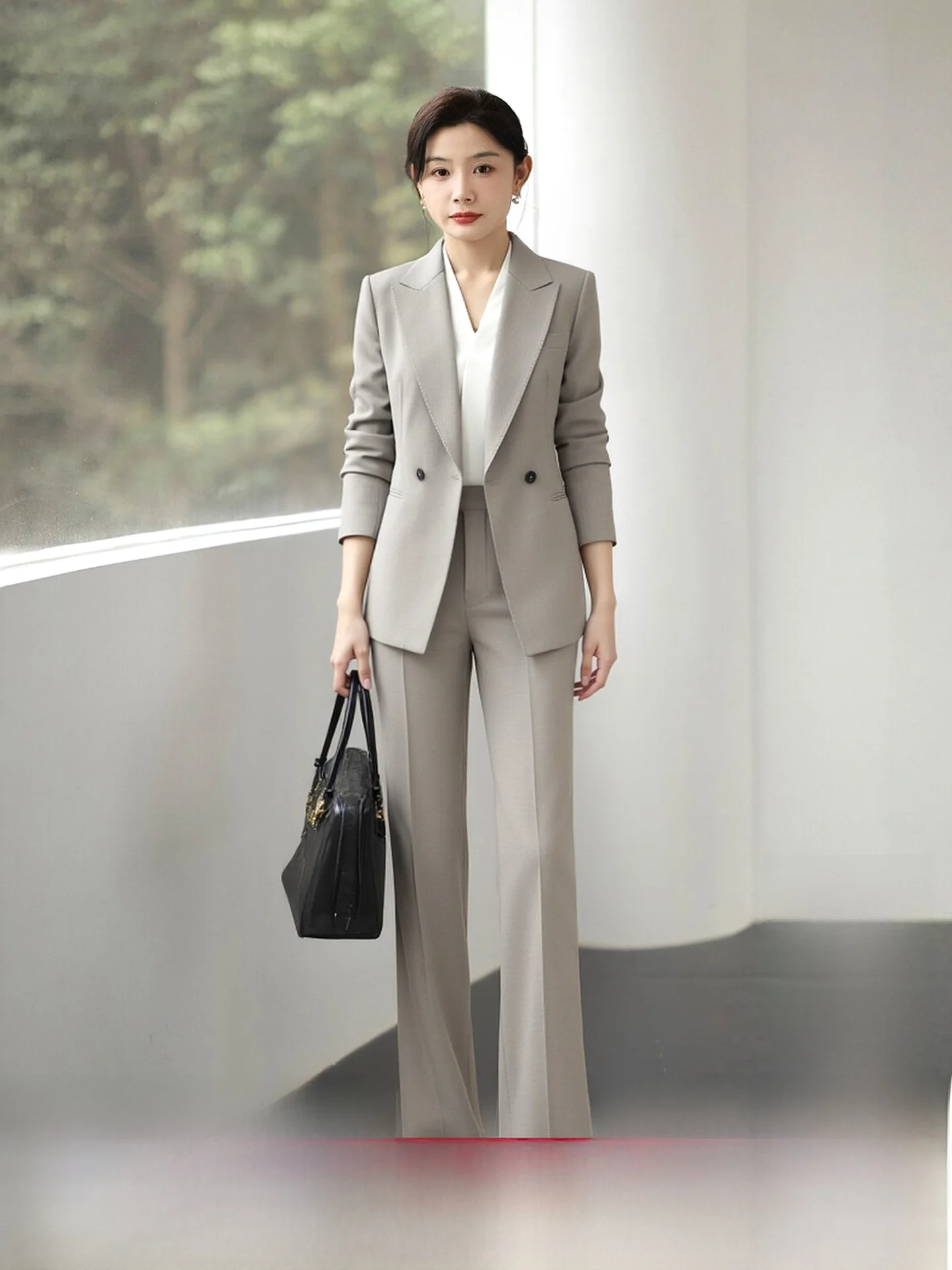 

Elegant Grey Professional Suiting Commute Host Slim Straight Pants Set Women's Wool Blend Anti-Wrinkle Long Sleeve Suit
