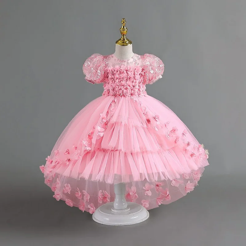 

2025 Birthday Party Ball Girl Princess Dress Lace Petals Wedding Dress Princess Dress Girl Tail Children's Elegant Evening Dress
