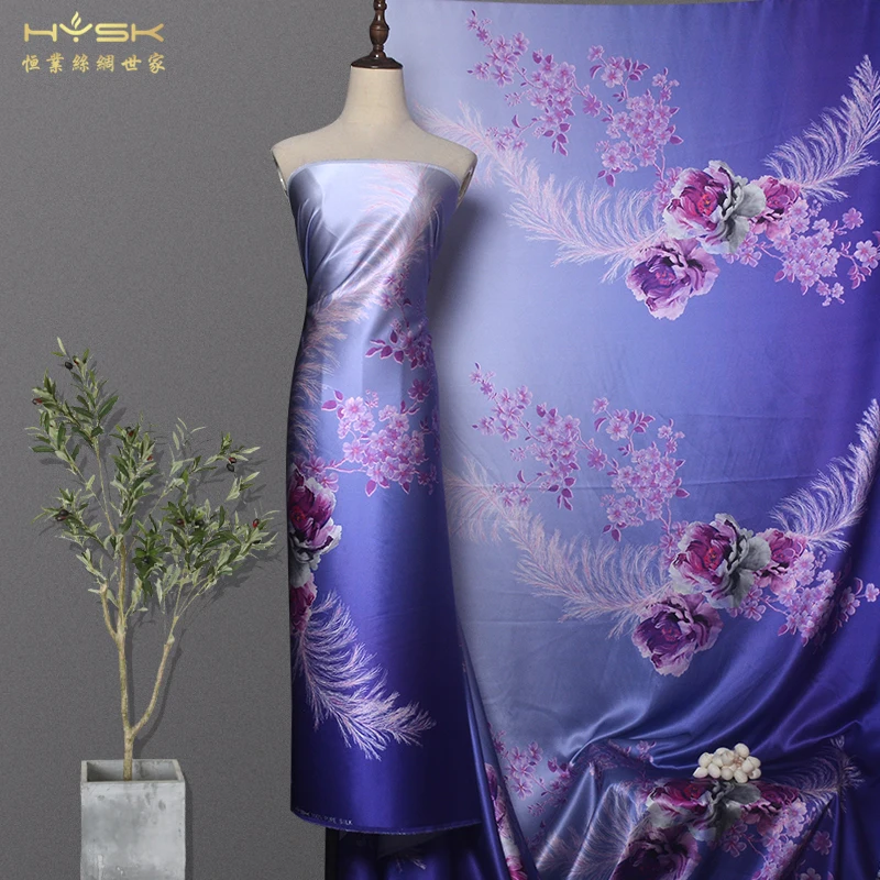 HYSK 30momme unique floral print 100% Mulberry Silk Fabric heavy thick meter bridal satin Charmeuse Natural best quality E2659