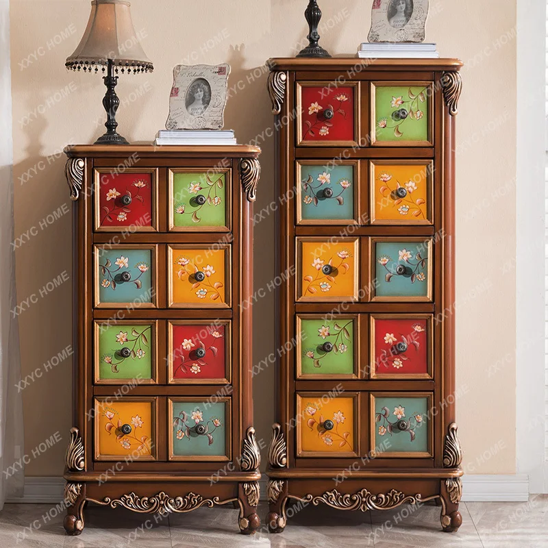 Armário de entrada de cabeceira estilo chinês, organizador de gaveta de armazenamento de madeira maciça, armário esculpido