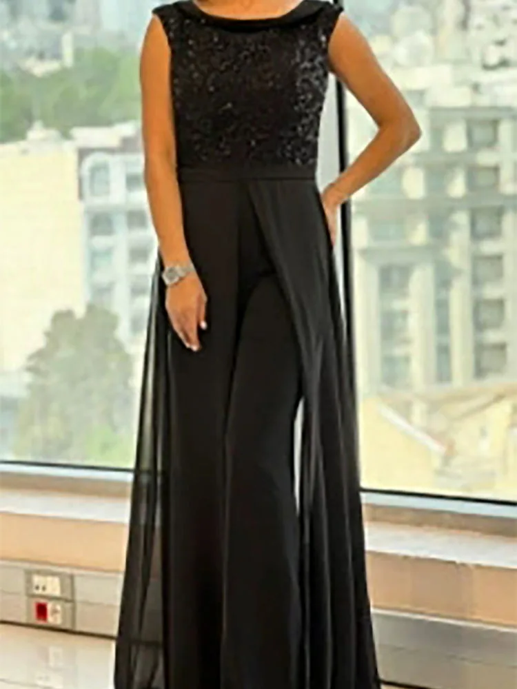 จั๊มสูทขายาวทรงเข้ารูป ดีไซน์หรูหรา คอทรงโอ ประดับเลื่อม แต่งผ้าปะต่อ แฟชั่นเอวสูง เหมาะสำหรับงานแต่งงาน