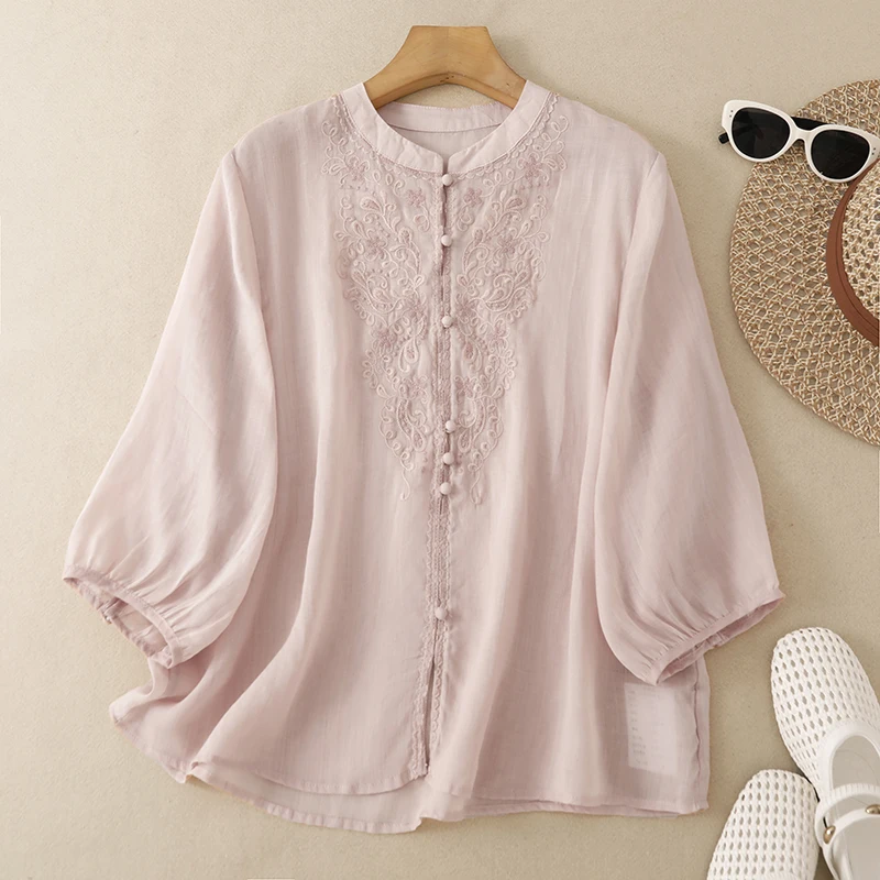 Retro Artistic Style Heavy Embroidery Floral Shirt Women's Early Autumn New Seven-Quarter Lantern Sleeve Asymmetric Top 3
