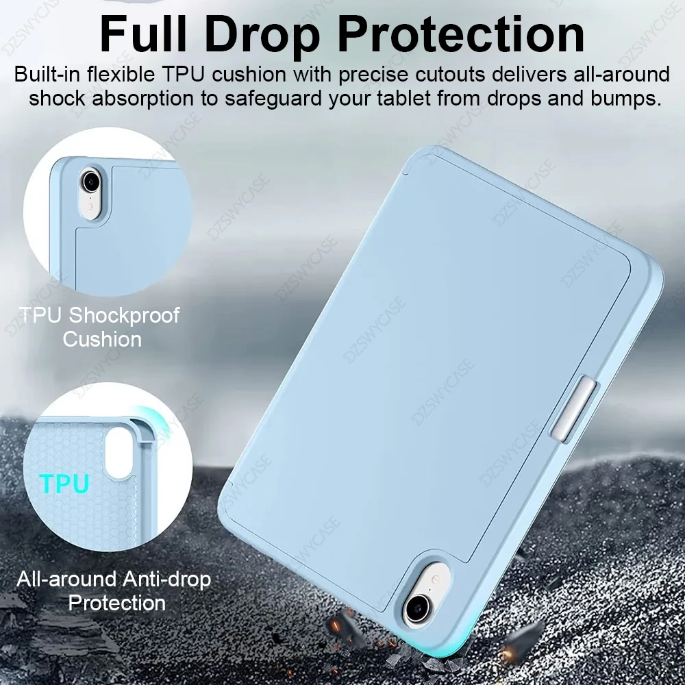 Case for iPad mini 6/7 A17 Pro 8.3inch, with Pencil Holder, Trifold stand, shockproof soft TPU back cover, Auto sleep/wake view 4