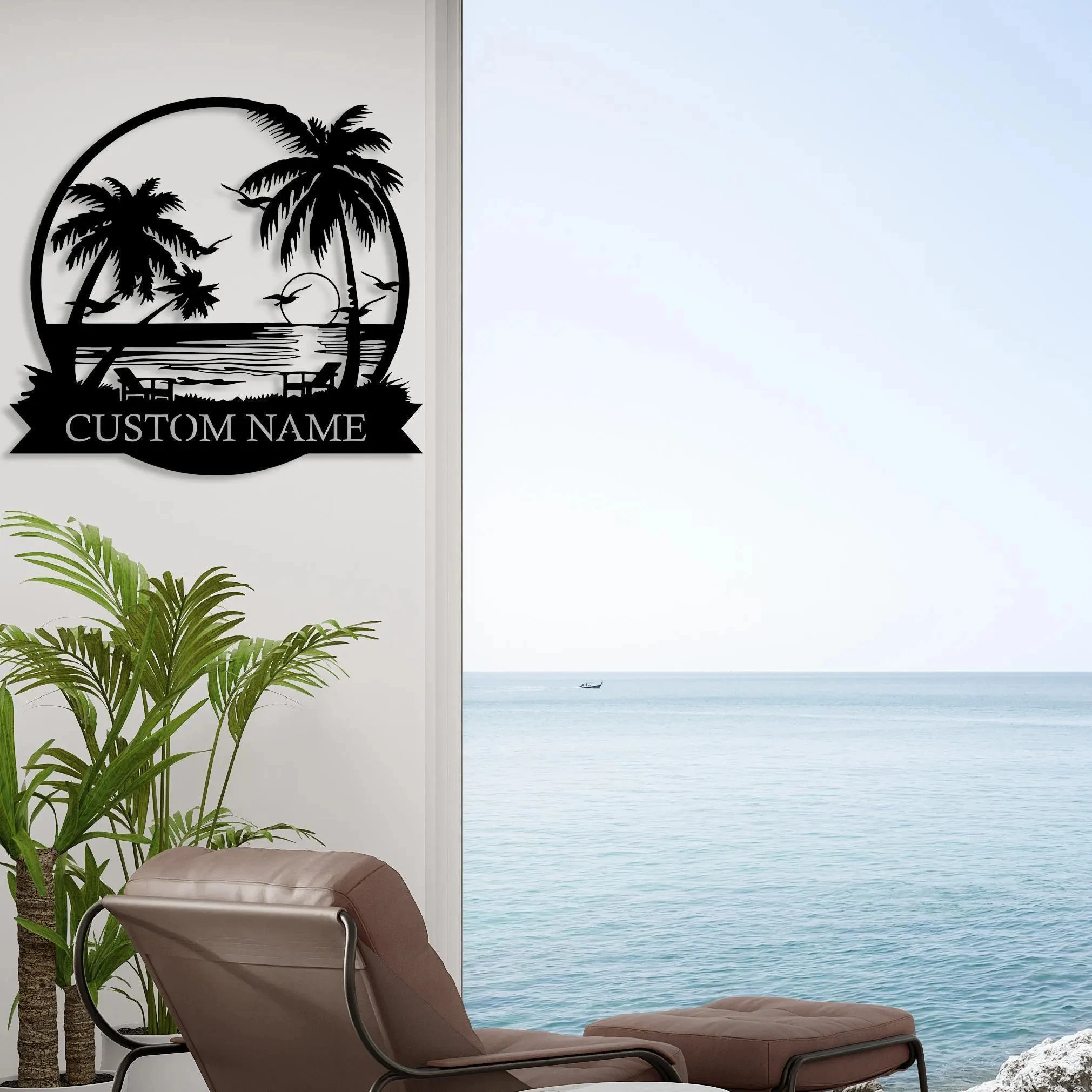 Personalized Palm Tree Beach Metal Sign, Round Coastal Sunset Custom Name Sign, Tropical Beach Home Decor Gift, Outdoor Backyard