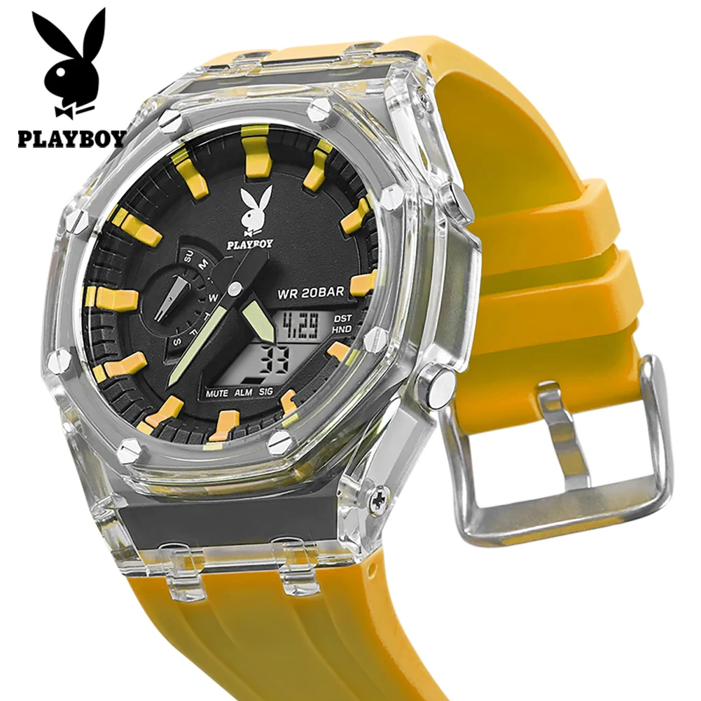 PLAYBOY 2066 Brand Original Electronic Fashionable Men Watch Rubber Strap Luminous Display Watch Timing Function Waterproof