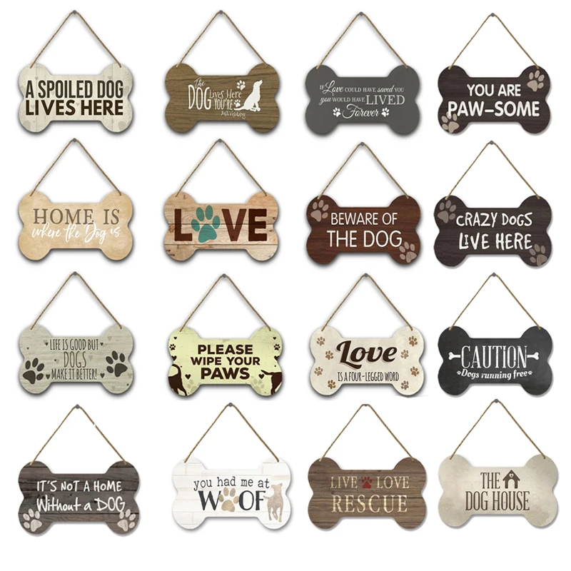 Dog Sign Wooden Plate Painting Irregular Bone Shape Hanging Crafts Wood Board Home Pet House Warning Wall Plaque DIY Custom Gift