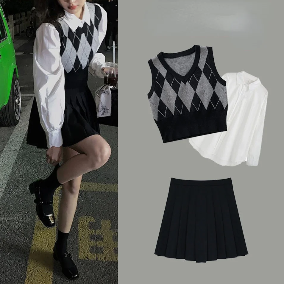 Three Piece Suit Spring and Autumn 2023 New Women's Diamond Vest + White Casual Shirt + Black Pleated Skirt Chic Female Suit