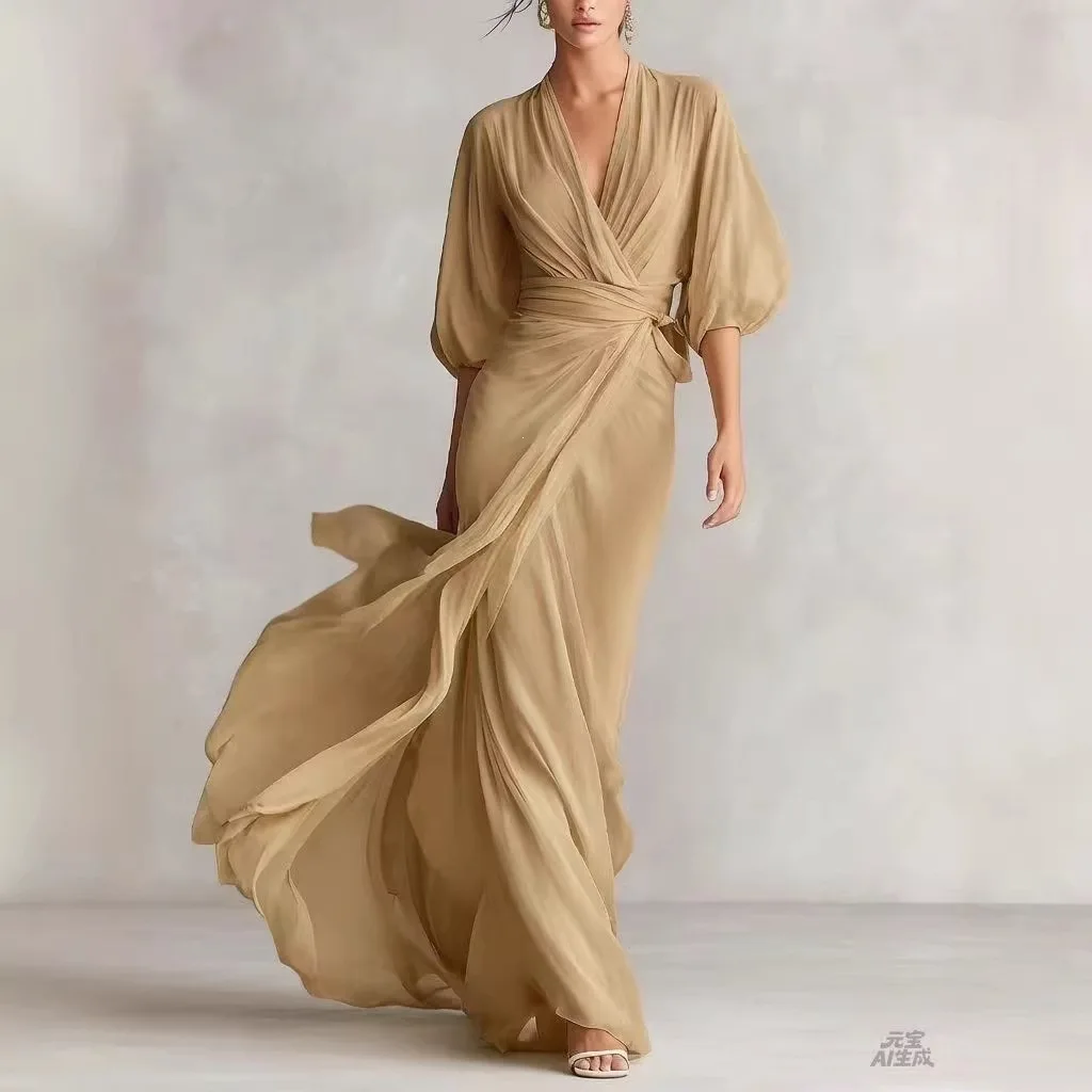 Deep V Neck Lantern Sleeve Waist Cincher Long Dress Jumpsuit Playsuit for Spring Summer Banquet Evening