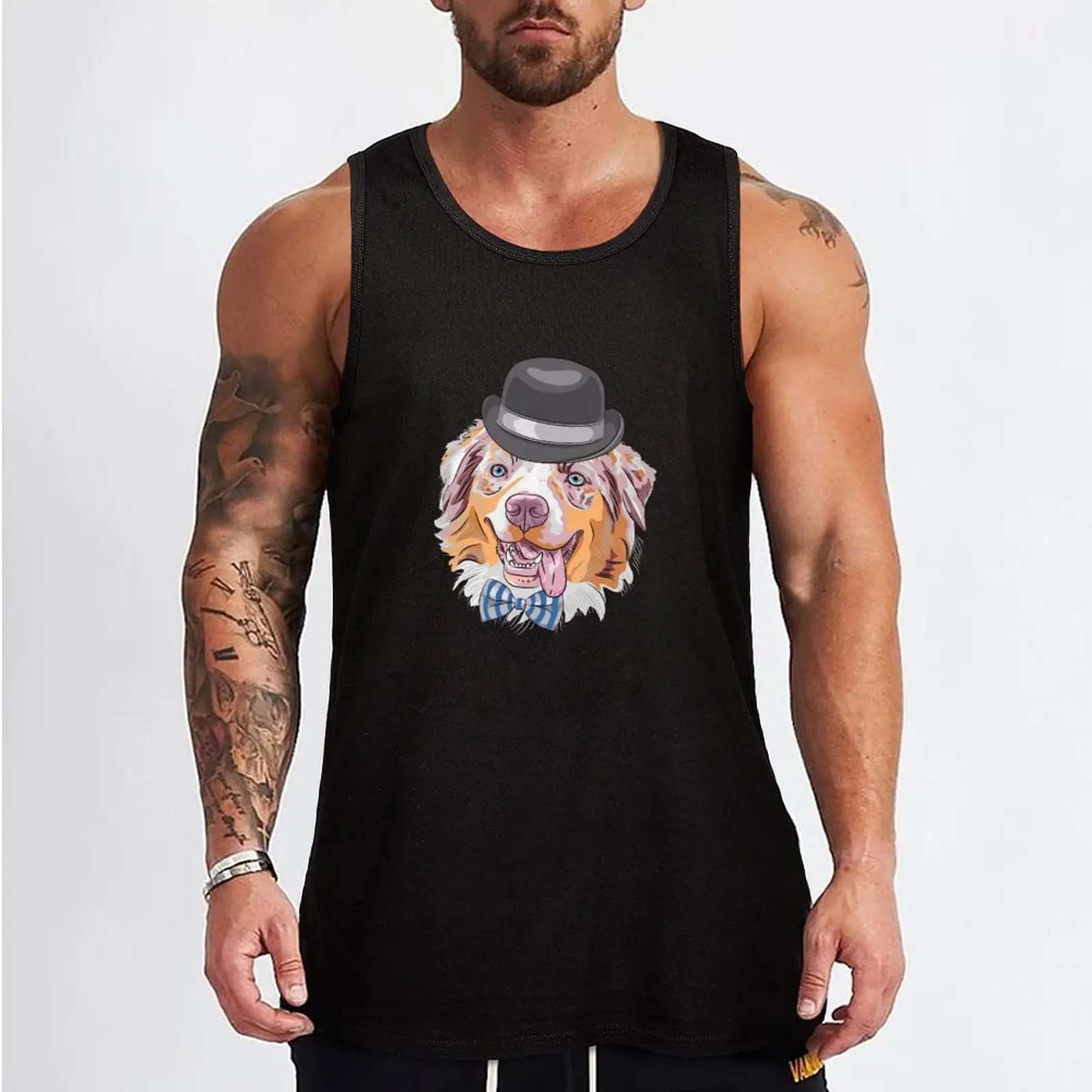 Cute dog aussie blue merle with top hat and bow tie, Australian shepherd Tank Top bodybuilding man gym shirts