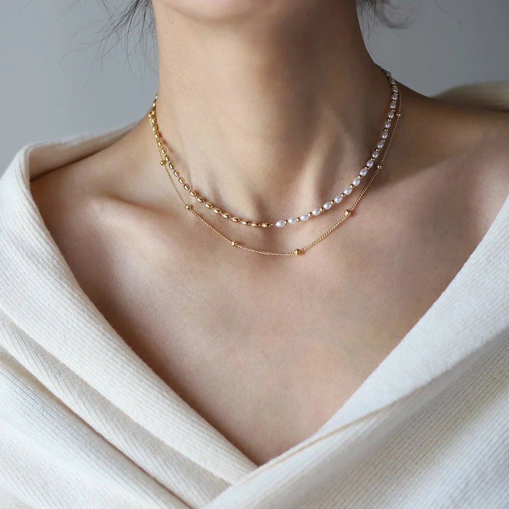 Stylish Layered Chain Stainless Steel Necklace 18K Gold Plated Texture Waterproof Trendy Korean Imitation Pearl Chain Jewelry
