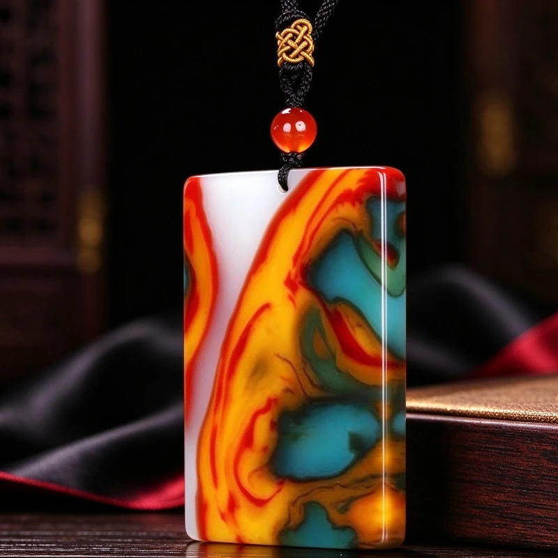 Natural Color Xinjiang Colorful Jade Ping An Brand Jade Pendant, Ping An Buckle Jade Pendant.