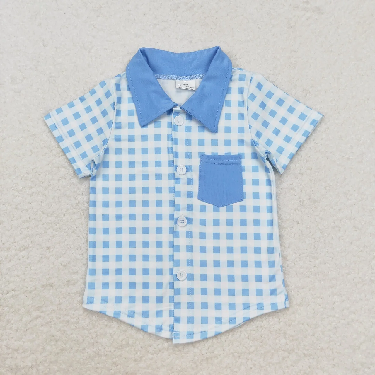 Wholesale Baby Boy Summer Pocket Shirt Beachwear Kids Short Sleeves Button Up Lapel Children Infant Cardigan Blue Plaid Clothes