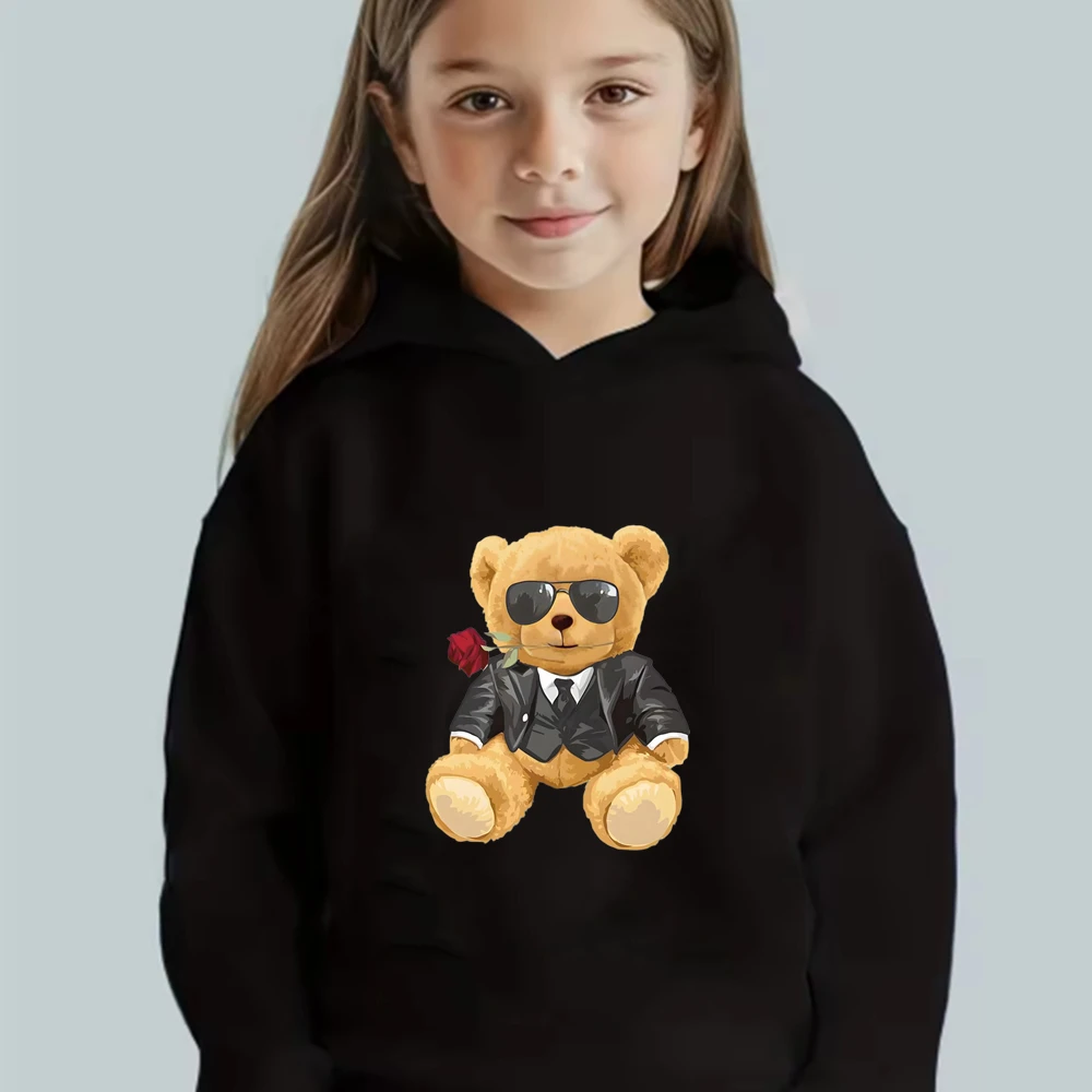 Hooded Black Fashion Bear print Tops children's hoodie Sweatshirt Boys Girls Age 2-12 Spring Autumn Clothes