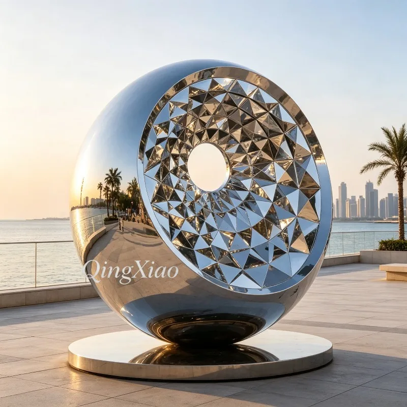 Diamond Cut Hollow Donut Stainless Steel Sculpture Custom Mirror Statue For Modern Urban Outdoor Garden Landscape Decor