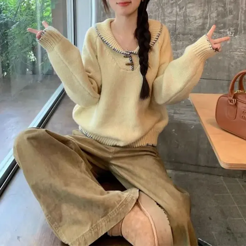 

Корейские однотонные вязаные пуловеры, осенне-зимняя женская одежда с длинными рукавами, свободные шикарные свитера с яркими линиями и лацканами