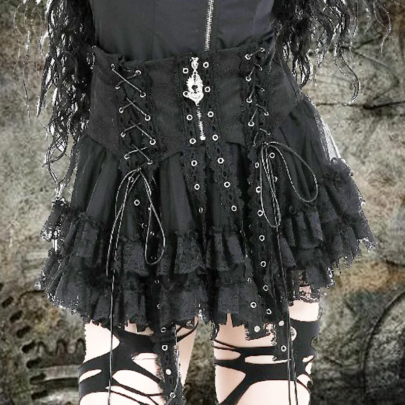 Mini Falda corta de encaje con tirantes y remaches Steampunk oscuro para mujer, Falda corta estilo gótico Rock punk, verano 2024