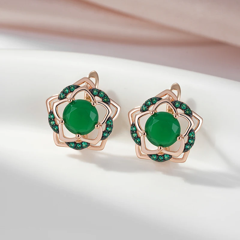 SYOUJYO Green Flower Natural Zircon Earrings For Women 585 Rose Gold Color Skeleton Luxury Party Jewelry