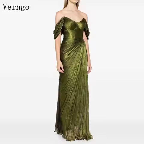 Verngo Green Tulle Shiny Evening Dress Off The Shoulder A Line Slim Prom Gowns Women Elegant Floor Length Party Dress Customized