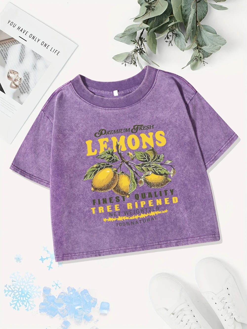 

Casual Cotton Crop Tops Womens Premium Fresh Lemons Prints Washed T-Shirts Street O-Neck Regular Fit Streetwear Sexy Clothes