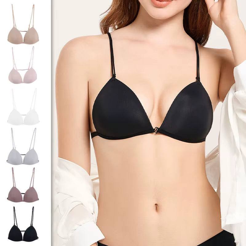 Sujetador push-up inalámbrico para pecho pequeño, bralette con cierre frontal, sin costuras, cómodo, lencería sexy de encaje triangular