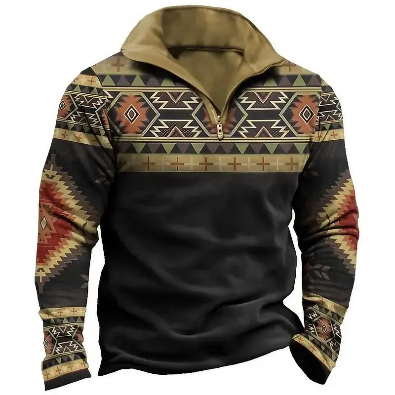 3D Vintage Print Men's Zipper Sweatshirt Fashion Classic Zip Collar Long Sleeve Pullover Autumn Daily Casual Comfortable Clothes