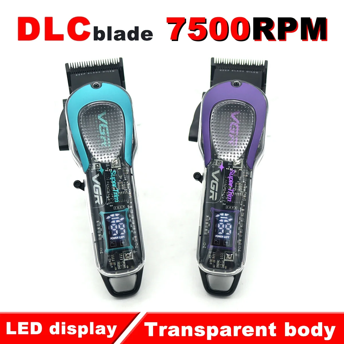 

Professional Men's Hair Clipper DLC Fade Blade LED Display Transparent Body Cordless USB Interface Hair Cut Machine VGR V692