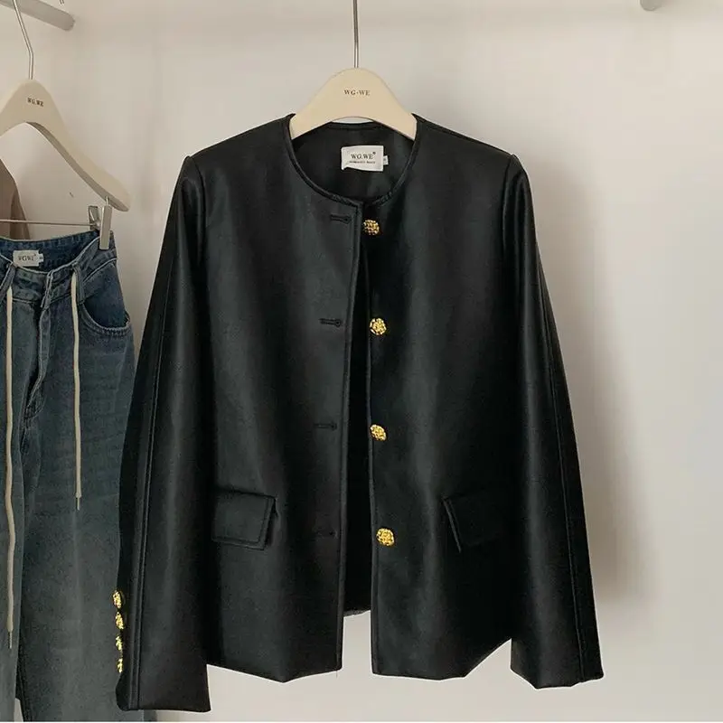 جاكيت نسائي أنيق من الجلد الصناعي الأسود، تصميم عصري للربيع والخريف، نمط كاجوال شعبي، فضفاض وذو إحساس راقي للسيدات #1