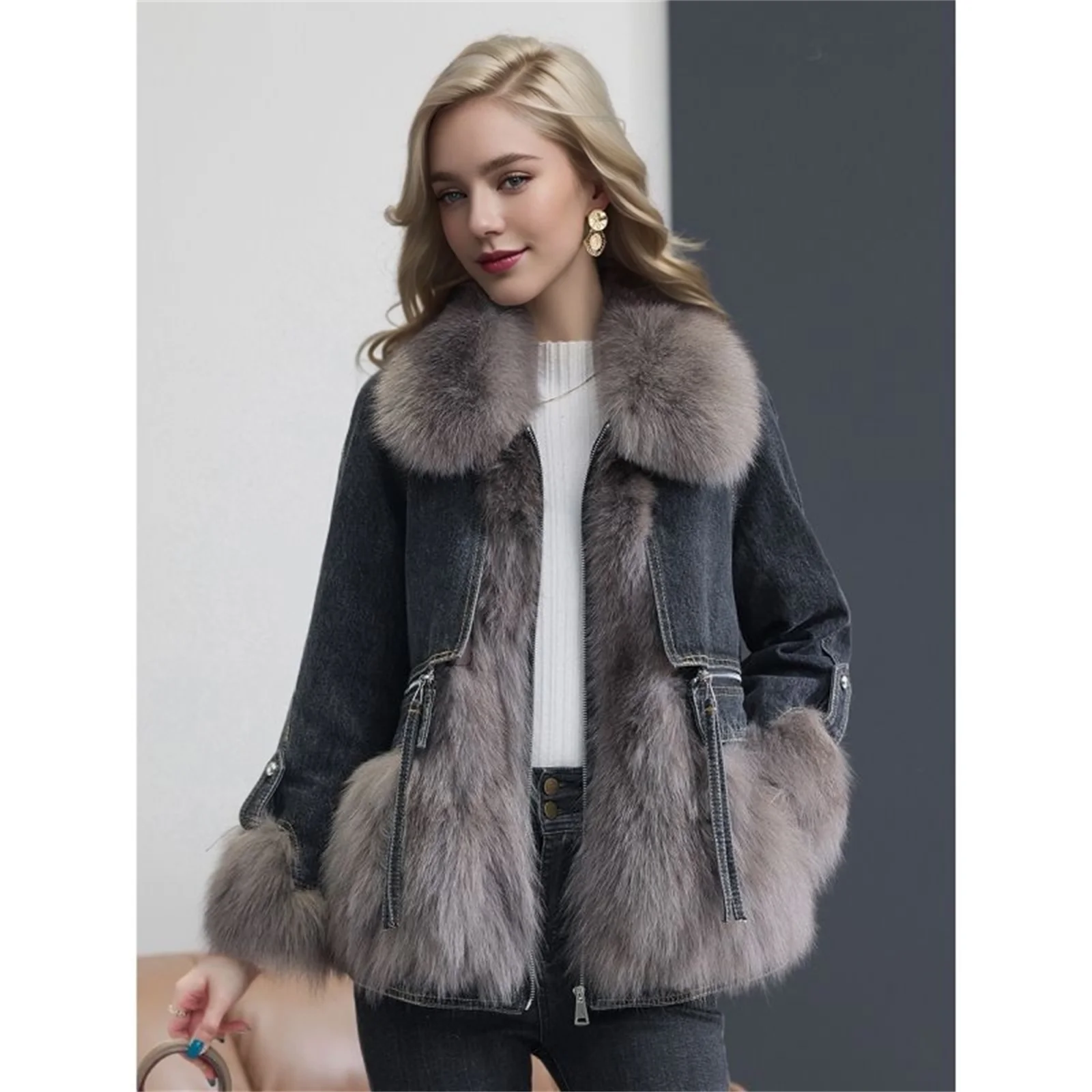 Autumn and Winter New Style with Plush and Thick Flocking Jacket Elegant Women's Simulated Fur Overcoat Denim Jacket