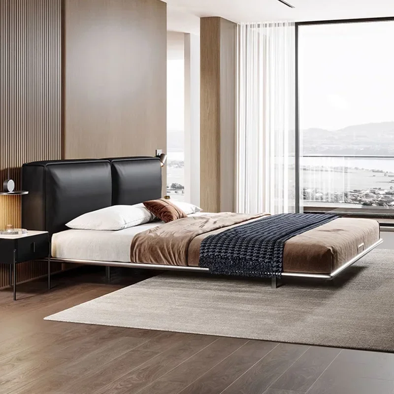 Italian minimalist leather bed, flush-edged double, master bedroom marriage bed