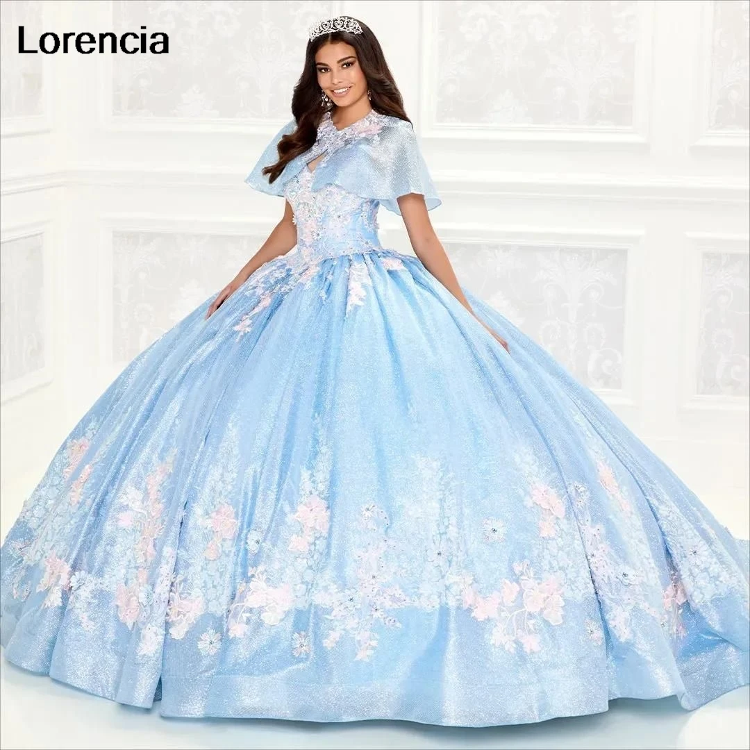 Lorencia-vestido De quinceañera azul, vestido De baile De espagueti con capa, apliques De flores 3D, cuentas dulces 16, 15 Años, YQD666