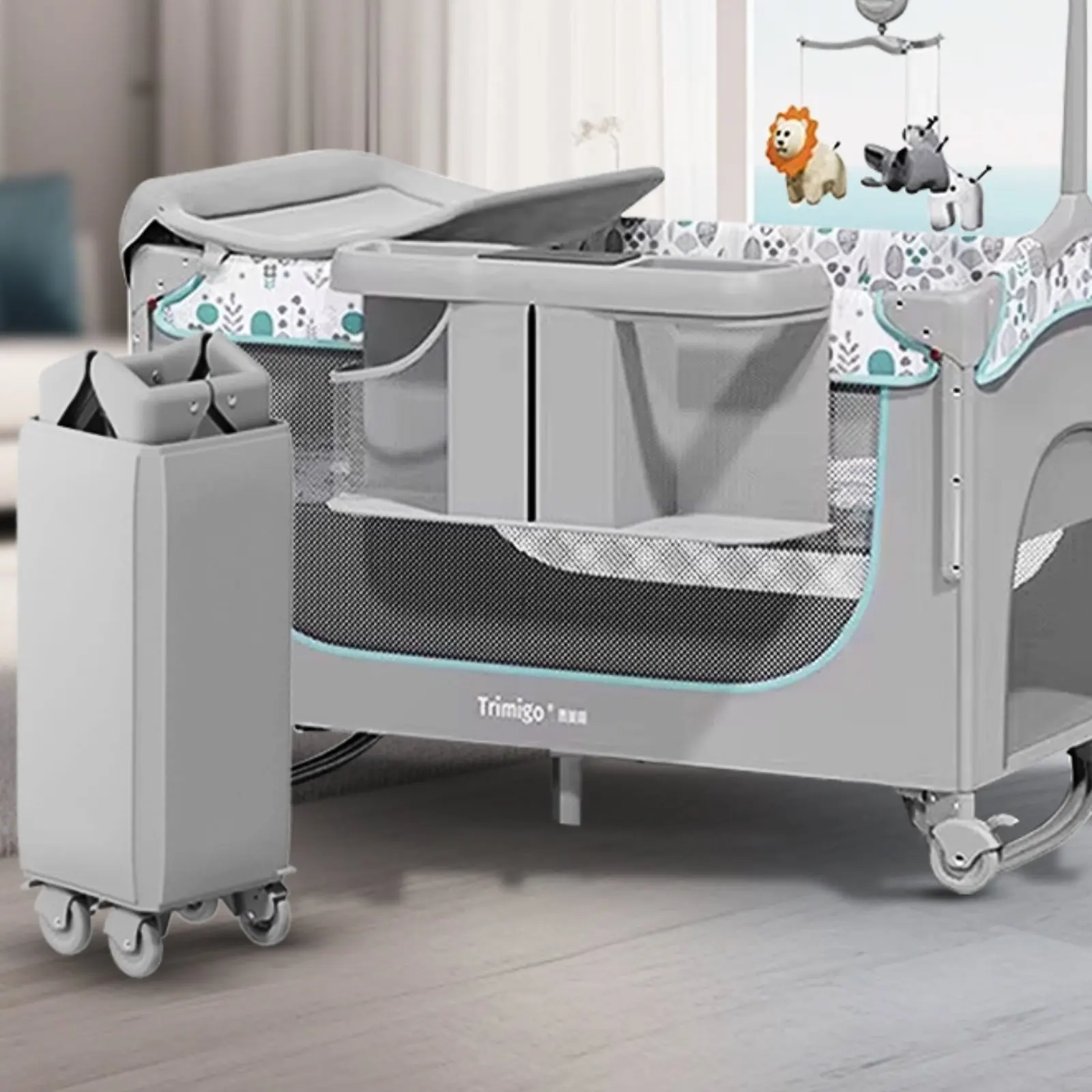 Folding Travel Cot With Changing Table Multi-Function Playard Infant Bed Installation-Effortless Playpen Adjustable Height