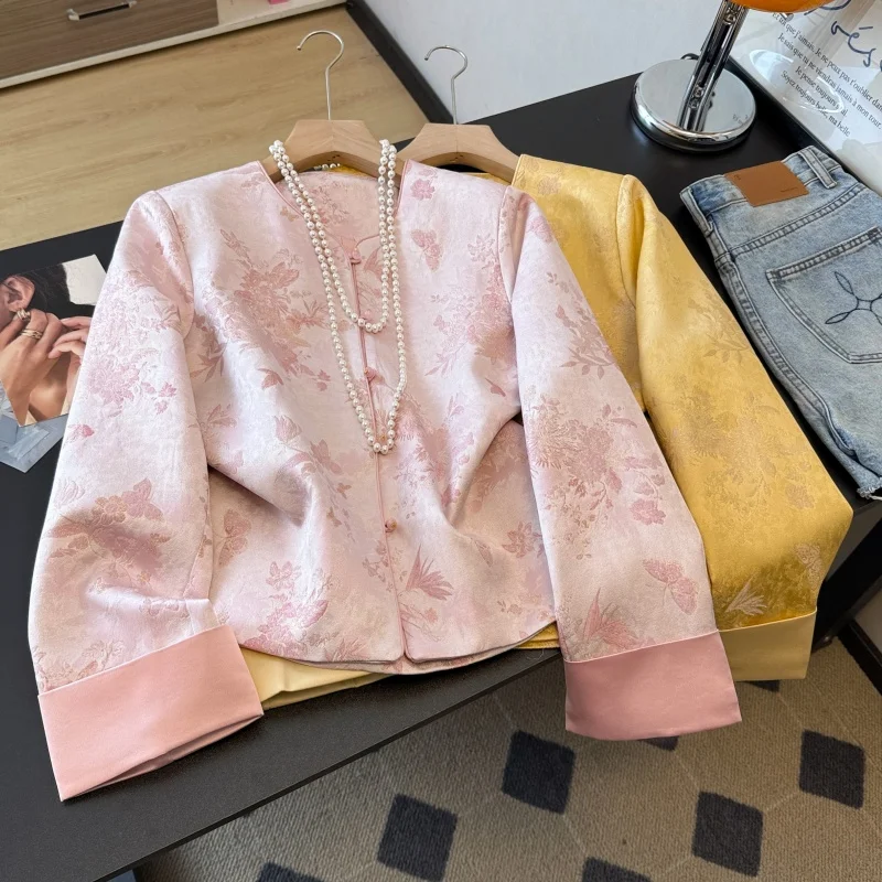 

New Chinese Sle Classical Silk Tang Suit Long Sve Heavy Embroidery Small V-ne Open Cardigan Top Coat Women's Faion