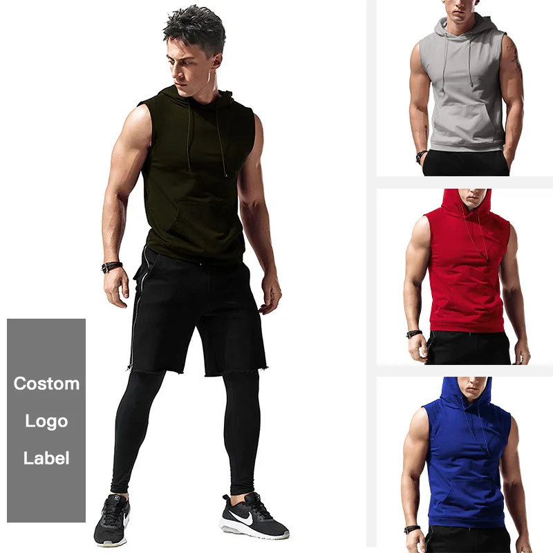 

Men's Tank Hoodie Sleeveless Loose-Fit Solid Color Pocket Fitness Muscle Training Running Sports Top