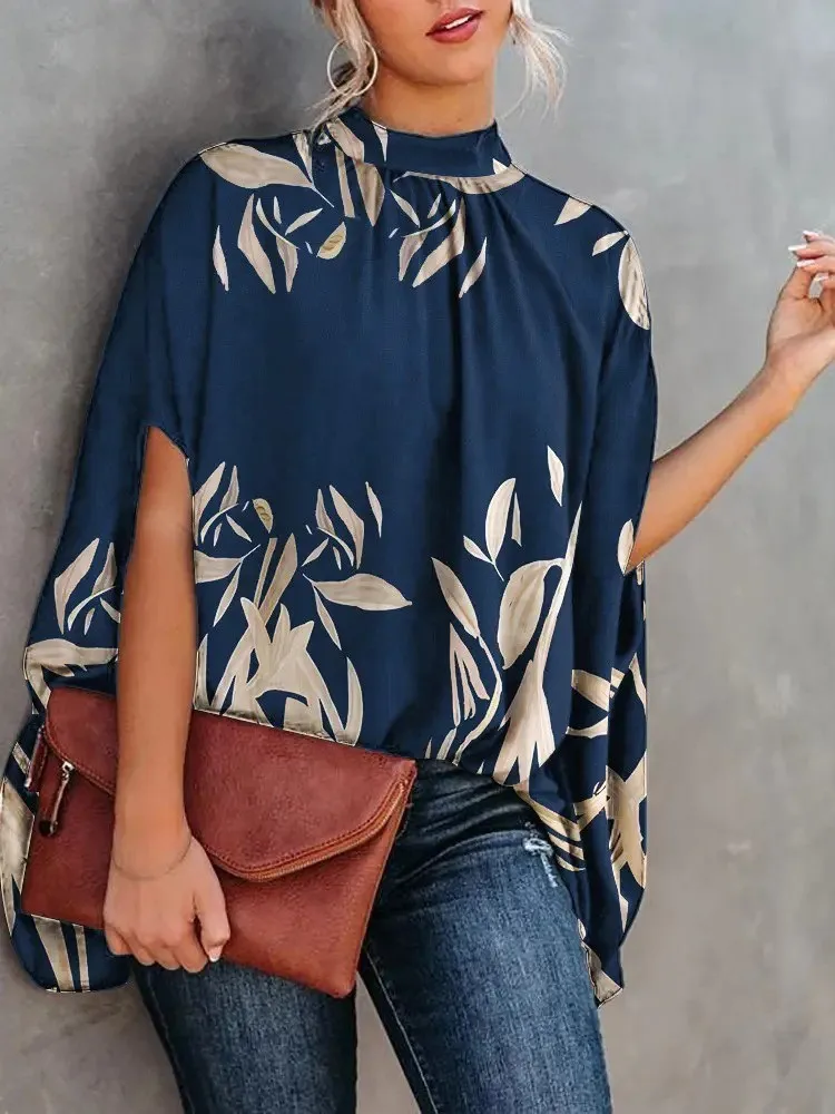 Casual Loose Women\'s Blouse Fashion Batwing Sleeve Print O-neck Shirts Top Spring Summer Office Lady Blouses Elegant Tops 2024