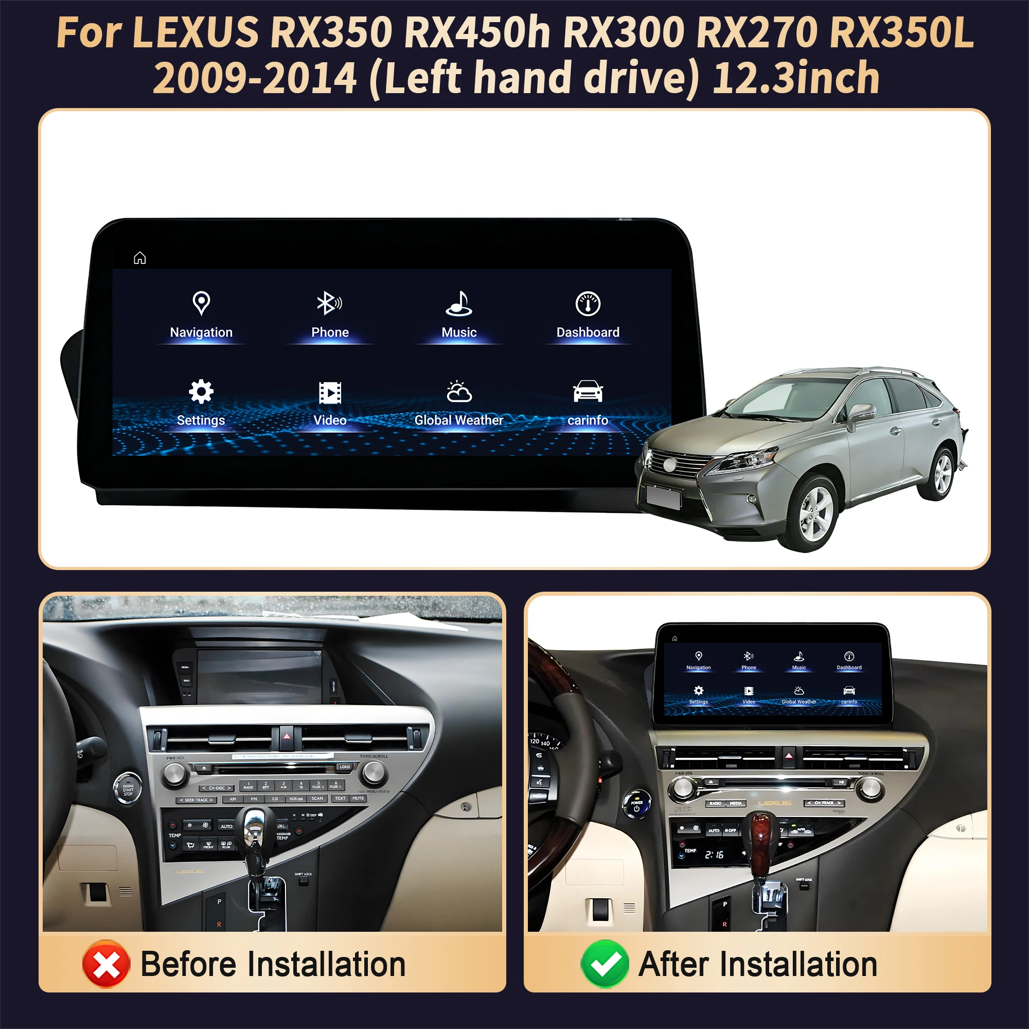12.3'' Car Radio Touch Screen Snapdragon 685 For LEXUS RX350 RX450h RX300 RX270 RX350L 2009-2014 Carplay Android 14 GPS Navi BT