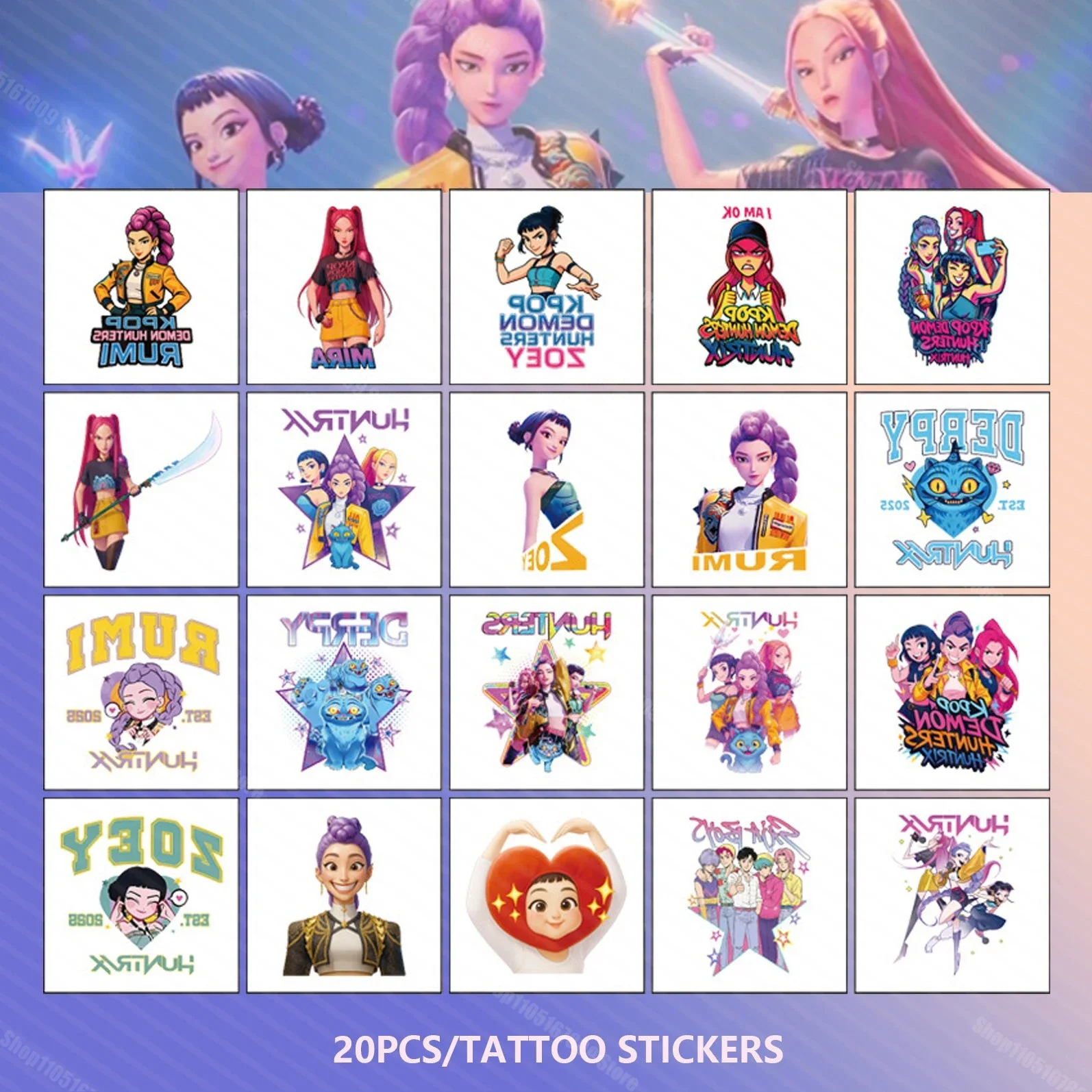 20PCS Rumi Temporary Tattoo Stickers K-pop Demon Hunter Cartoon Waterproof and Sweatproof Tattoo Stickers Party Dress up Props