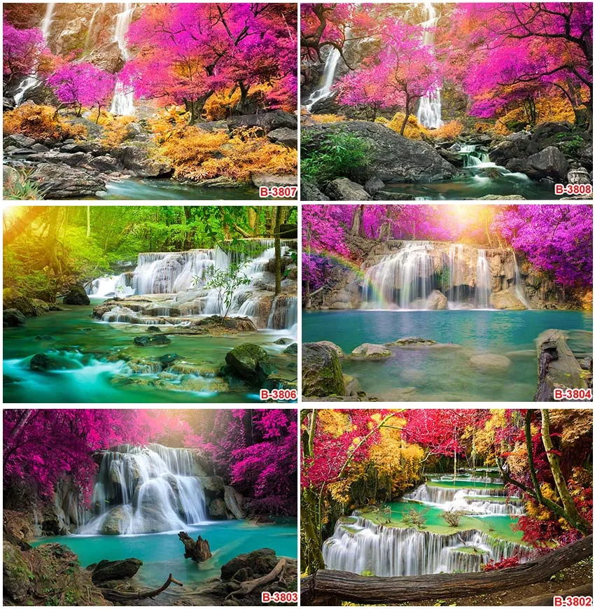 

Natural Scenic Spring Rainbow Waterfall Maple Trees Backdrops Photographic Holiday Wall Decor Landscape Baby Shower Background