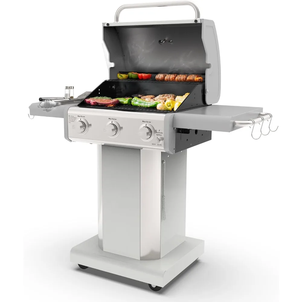 

3-Burner Outdoor BBQ Grill | Liquid Propane Barbecue Gas Grill with Folding Sides, PG-A4030400LD-PE, Pedestal Grill with Wheels